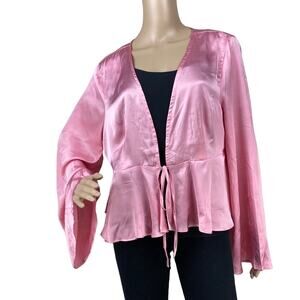 New Asos Pink Satin Tie Front Deep V-Neck Bell Sleeve Peplum Jacket Size 14
